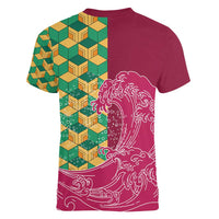 Japanese Bishamon-Kikkou Pattern Women V-Neck T-Shirt Water Pillar Silent River Flow - Wonder Print Shop