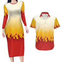 Japanese Kaen Pattern Couples Matching Long Sleeve Bodycon Dress and Hawaiian Shirt Flame Pillar Blazing Lion Heart - Wonder Print Shop