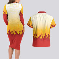 Japanese Kaen Pattern Couples Matching Long Sleeve Bodycon Dress and Hawaiian Shirt Flame Pillar Blazing Lion Heart - Wonder Print Shop
