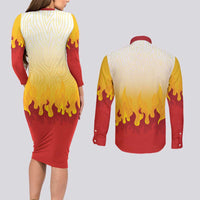 Japanese Kaen Pattern Couples Matching Long Sleeve Bodycon Dress and Long Sleeve Button Shirt Flame Pillar Blazing Lion Heart - Wonder Print Shop