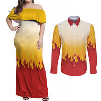 Japanese Kaen Pattern Couples Matching Off Shoulder Maxi Dress and Long Sleeve Button Shirt Flame Pillar Blazing Lion Heart - Wonder Print Shop
