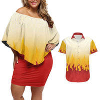 Japanese Kaen Pattern Couples Matching Off Shoulder Short Dress and Hawaiian Shirt Flame Pillar Blazing Lion Heart - Wonder Print Shop
