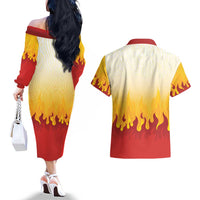 Japanese Kaen Pattern Couples Matching Off The Shoulder Long Sleeve Dress and Hawaiian Shirt Flame Pillar Blazing Lion Heart - Wonder Print Shop