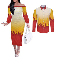 Japanese Kaen Pattern Couples Matching Off The Shoulder Long Sleeve Dress and Long Sleeve Button Shirt Flame Pillar Blazing Lion Heart - Wonder Print Shop