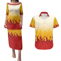 Japanese Kaen Pattern Couples Matching Puletasi and Hawaiian Shirt Flame Pillar Blazing Lion Heart - Wonder Print Shop