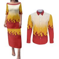 Japanese Kaen Pattern Couples Matching Puletasi and Long Sleeve Button Shirt Flame Pillar Blazing Lion Heart - Wonder Print Shop