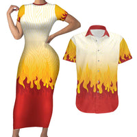 Japanese Kaen Pattern Couples Matching Short Sleeve Bodycon Dress and Hawaiian Shirt Flame Pillar Blazing Lion Heart - Wonder Print Shop