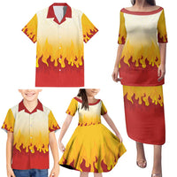 Japanese Kaen Pattern Family Matching Puletasi and Hawaiian Shirt Flame Pillar Blazing Lion Heart - Wonder Print Shop