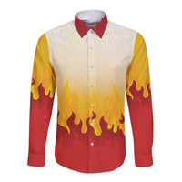 Japanese Kaen Pattern Long Sleeve Button Shirt Flame Pillar Blazing Lion Heart - Wonder Print Shop