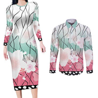 Japanese Kocho Pattern Couples Matching Long Sleeve Bodycon Dress and Long Sleeve Button Shirt Insect Pillar Butterfly Flower Fairy - Wonder Print Shop