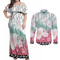 Japanese Kocho Pattern Couples Matching Off Shoulder Maxi Dress and Long Sleeve Button Shirt Insect Pillar Butterfly Flower Fairy - Wonder Print Shop