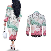 Japanese Kocho Pattern Couples Matching Off The Shoulder Long Sleeve Dress and Long Sleeve Button Shirt Insect Pillar Butterfly Flower Fairy - Wonder Print Shop