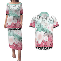 Japanese Kocho Pattern Couples Matching Puletasi and Hawaiian Shirt Insect Pillar Butterfly Flower Fairy - Wonder Print Shop