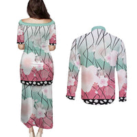 Japanese Kocho Pattern Couples Matching Puletasi and Long Sleeve Button Shirt Insect Pillar Butterfly Flower Fairy - Wonder Print Shop