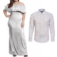 Samoa Lotu Tamaiti Couples Matching Off Shoulder Maxi Dress and Long Sleeve Button Shirts Polynesian White Sunday Simple LT9 - Wonder Print Shop