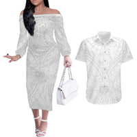 Samoa Lotu Tamaiti Couples Matching Off The Shoulder Long Sleeve Dress and Hawaiian Shirt Polynesian White Sunday Simple LT9 - Wonder Print Shop