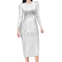 Samoa Lotu Tamaiti Long Sleeve Bodycon Dress Polynesian White Sunday Simple - Wonder Print Shop