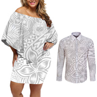 Samoa Lotu Tamait Couples Matching Off Shoulder Short Dress and Long Sleeve Button Shirts Tropical Plant White Sunday With Polynesia Pattern LT9 - Wonder Print Shop