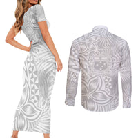 Samoa Lotu Tamait Couples Matching Short Sleeve Bodycon Dress and Long Sleeve Button Shirts Tropical Plant White Sunday With Polynesia Pattern LT9 - Wonder Print Shop