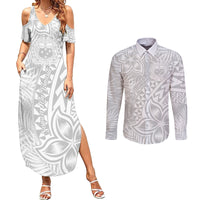 Samoa Lotu Tamait Couples Matching Summer Maxi Dress and Long Sleeve Button Shirts Tropical Plant White Sunday With Polynesia Pattern LT9 - Wonder Print Shop