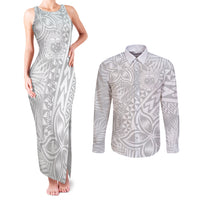 Samoa Lotu Tamait Couples Matching Tank Maxi Dress and Long Sleeve Button Shirts Tropical Plant White Sunday With Polynesia Pattern LT9 - Wonder Print Shop