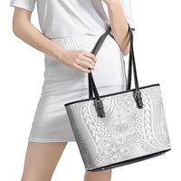 Samoa Lotu Tamait Leather Tote Bag Tropical Plant White Sunday With Polynesia Pattern - Wonder Print Shop