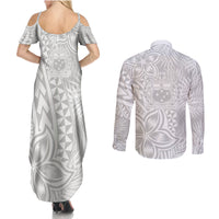 Personalised Samoa Lotu Tamait Couples Matching Summer Maxi Dress and Long Sleeve Button Shirts Tropical Plant White Sunday With Polynesia Pattern LT9 - Wonder Print Shop
