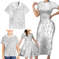 Personalised Samoa Lotu Tamait Family Matching Short Sleeve Bodycon Dress and Hawaiian Shirt Tropical Plant White Sunday With Polynesia Pattern - Wonder Print Shop