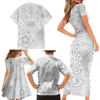 Personalised Samoa Lotu Tamait Family Matching Short Sleeve Bodycon Dress and Hawaiian Shirt Tropical Plant White Sunday With Polynesia Pattern - Wonder Print Shop