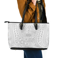 Personalised Samoa Lotu Tamait Leather Tote Bag Tropical Plant White Sunday With Polynesia Pattern - Wonder Print Shop