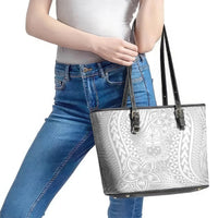 Personalised Samoa Lotu Tamait Leather Tote Bag Tropical Plant White Sunday With Polynesia Pattern - Wonder Print Shop