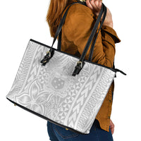 Personalised Samoa Lotu Tamait Leather Tote Bag Tropical Plant White Sunday With Polynesia Pattern - Wonder Print Shop