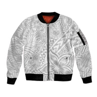 Personalised Samoa Lotu Tamait Sleeve Zip Bomber Jacket Tropical Plant White Sunday With Polynesia Pattern - Wonder Print Shop