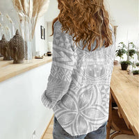 Personalised Samoa Lotu Tamait Women Casual Shirt Tropical Plant White Sunday With Polynesia Pattern - Wonder Print Shop