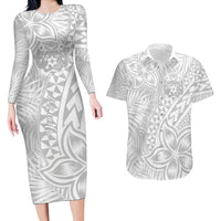 Personalised Tonga White Sunday Couples Matching Long Sleeve Bodycon Dress and Hawaiian Shirt Tropical Plant With Polynesian Pattern LT9 - Wonder Print Shop
