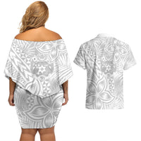 Personalised Tonga White Sunday Couples Matching Off Shoulder Short Dress and Hawaiian Shirt Tropical Plant With Polynesian Pattern LT9 - Wonder Print Shop