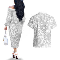 Personalised Tonga White Sunday Couples Matching Off The Shoulder Long Sleeve Dress and Hawaiian Shirt Tropical Plant With Polynesian Pattern LT9 - Wonder Print Shop