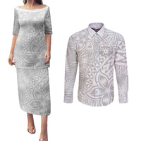 Personalised Tonga White Sunday Couples Matching Puletasi Dress and Long Sleeve Button Shirts Tropical Plant With Polynesian Pattern LT9 - Wonder Print Shop