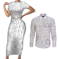 Personalised Tonga White Sunday Couples Matching Short Sleeve Bodycon Dress and Long Sleeve Button Shirts Tropical Plant With Polynesian Pattern LT9 - Wonder Print Shop