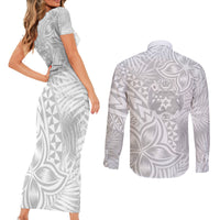 Personalised Tonga White Sunday Couples Matching Short Sleeve Bodycon Dress and Long Sleeve Button Shirts Tropical Plant With Polynesian Pattern LT9 - Wonder Print Shop