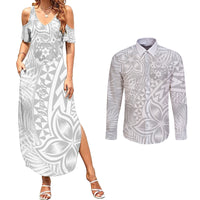 Personalised Tonga White Sunday Couples Matching Summer Maxi Dress and Long Sleeve Button Shirts Tropical Plant With Polynesian Pattern LT9 - Wonder Print Shop