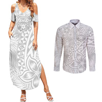 Personalised Tonga White Sunday Couples Matching Summer Maxi Dress and Long Sleeve Button Shirts Tropical Plant With Polynesian Pattern LT9 - Wonder Print Shop