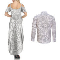 Personalised Tonga White Sunday Couples Matching Summer Maxi Dress and Long Sleeve Button Shirts Tropical Plant With Polynesian Pattern LT9 - Wonder Print Shop