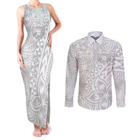 Personalised Tonga White Sunday Couples Matching Tank Maxi Dress and Long Sleeve Button Shirts Tropical Plant With Polynesian Pattern LT9 - Wonder Print Shop