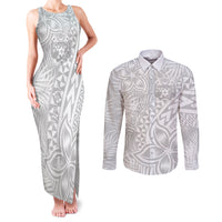 Personalised Tonga White Sunday Couples Matching Tank Maxi Dress and Long Sleeve Button Shirts Tropical Plant With Polynesian Pattern LT9 - Wonder Print Shop