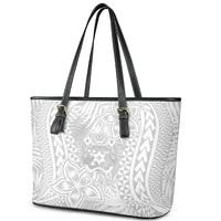 Personalised Tonga White Sunday Leather Tote Bag Tropical Plant With Polynesian Pattern - Wonder Print Shop