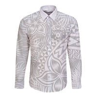 Personalised Tonga White Sunday Long Sleeve Button Shirt Tropical Plant With Polynesian Pattern - Wonder Print Shop