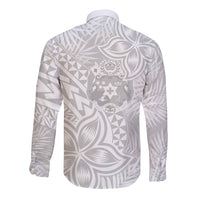 Personalised Tonga White Sunday Long Sleeve Button Shirt Tropical Plant With Polynesian Pattern - Wonder Print Shop