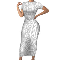 Personalised Tonga White Sunday Short Sleeve Bodycon Dress Tropical Plant With Polynesian Pattern - Wonder Print Shop