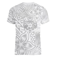 Personalised Tonga White Sunday Women V Neck T Shirt Tropical Plant With Polynesian Pattern - Wonder Print Shop